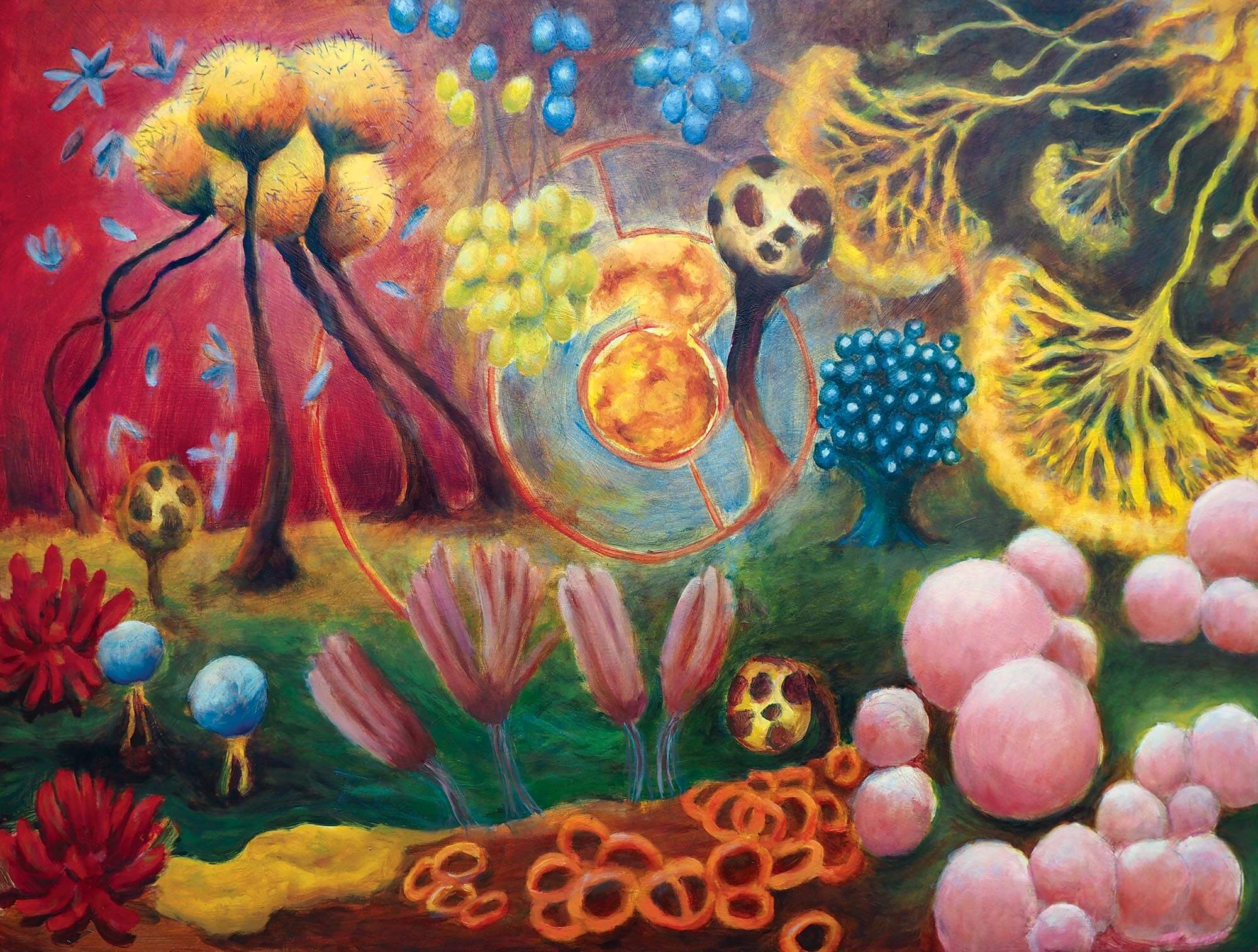 Abstract painting of slime mold with colorful organic shapes, including yellow trees, blue spheres, and pink bubbles.