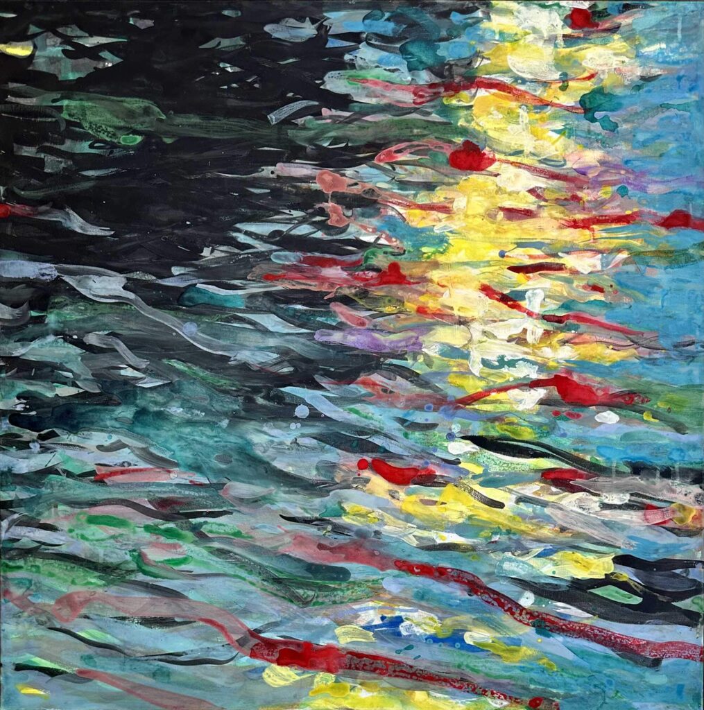 Abstract painting with dynamic strokes of dark and vibrant colors, resembling reflections on water.