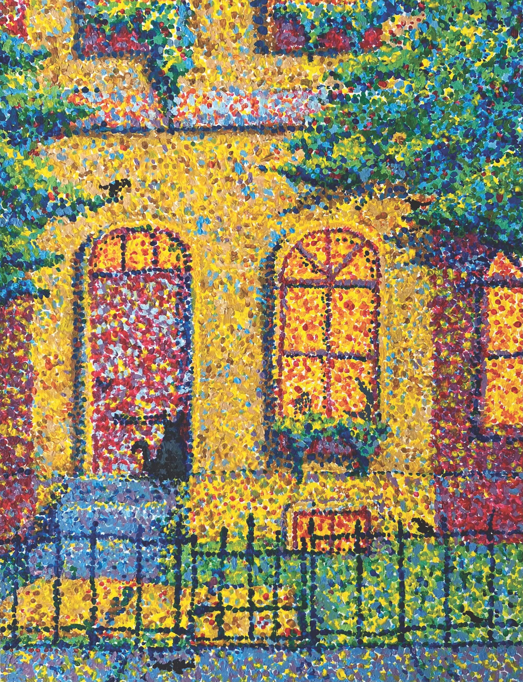 Pointillist painting of a building facade with an arched window and door behind a wrought-iron fence, using vibrant dots of color. A black cat sits in the doorway.
